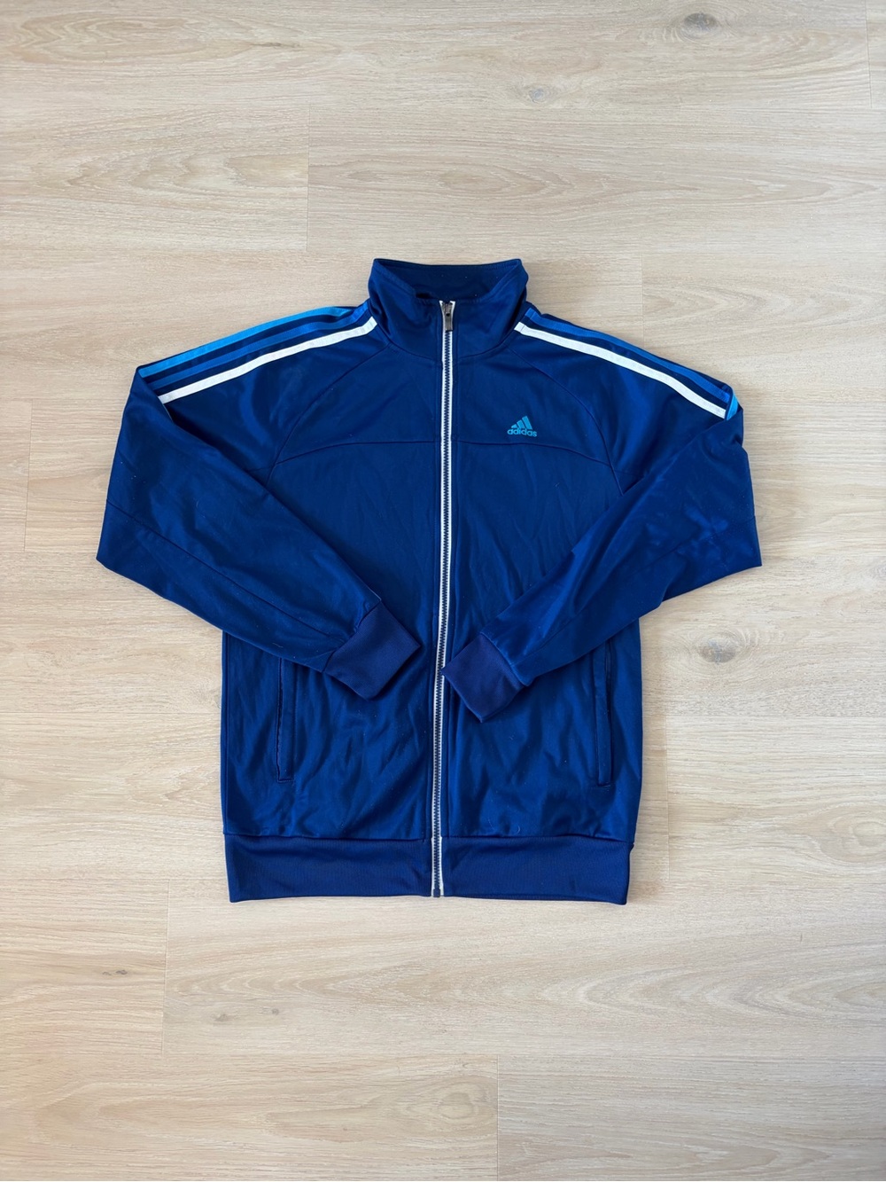 Adidas Men's Navy Track Jacket with White & Light Blue Stripes Size S